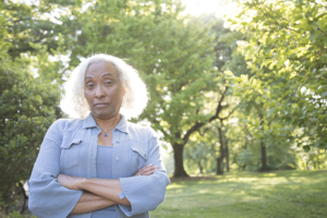 senior woman looks disparagingly at the camera