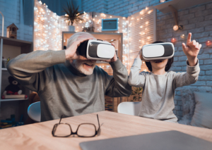 grandpa and grandchild using vr headsets