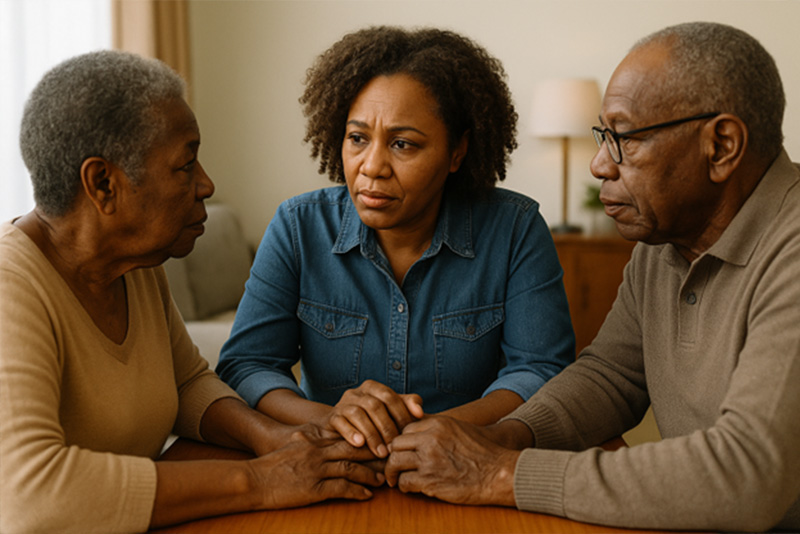 A woman going through the role reversal with aging parents holds hands with her mom and dad.